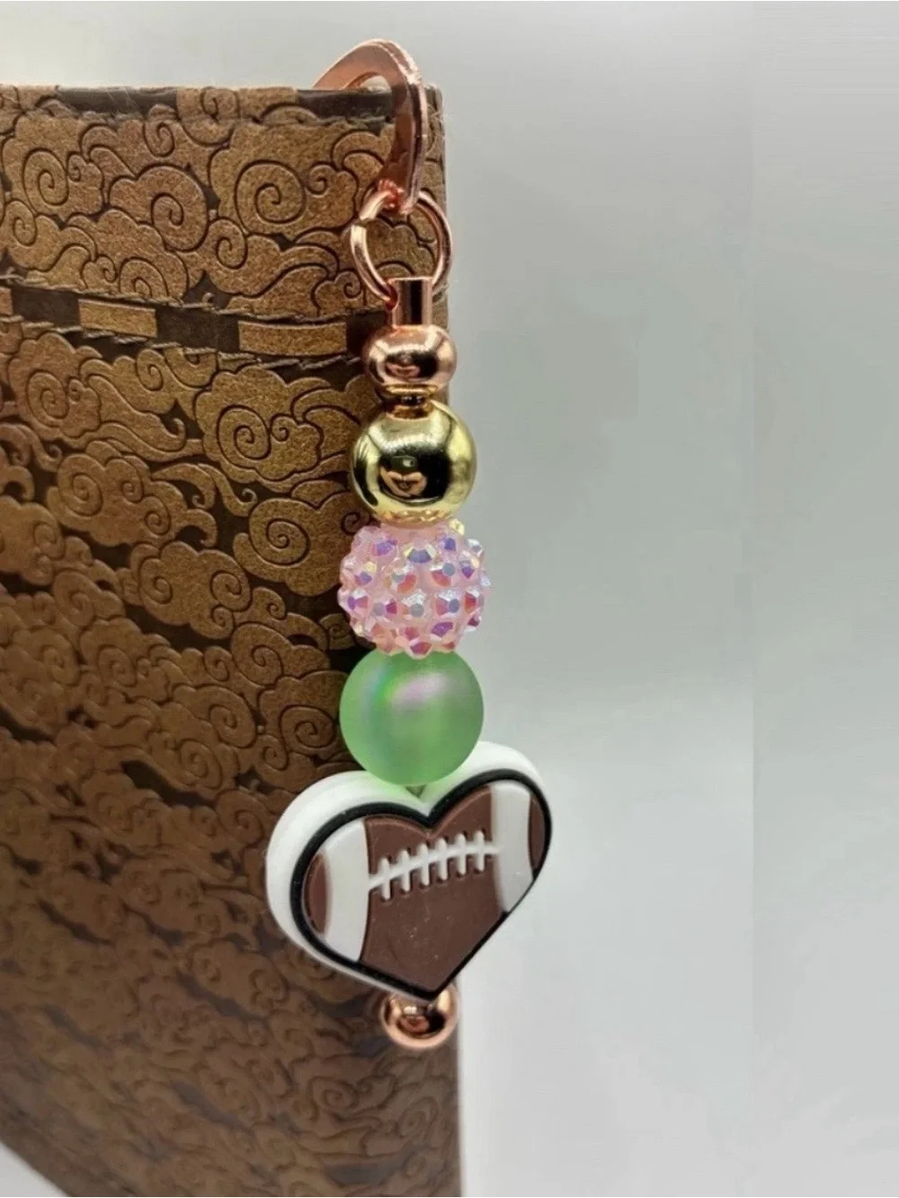 Heart Football Beaded Bookmark in Brown and Pink